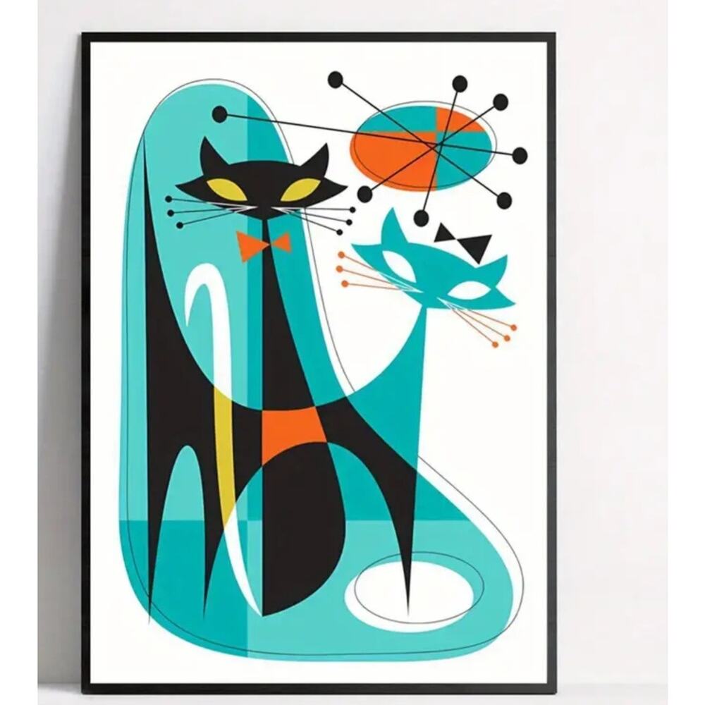MCM Atomic Cats Canvas Art Print 12"×16" Mid Century Modern 50s-60s Geometric